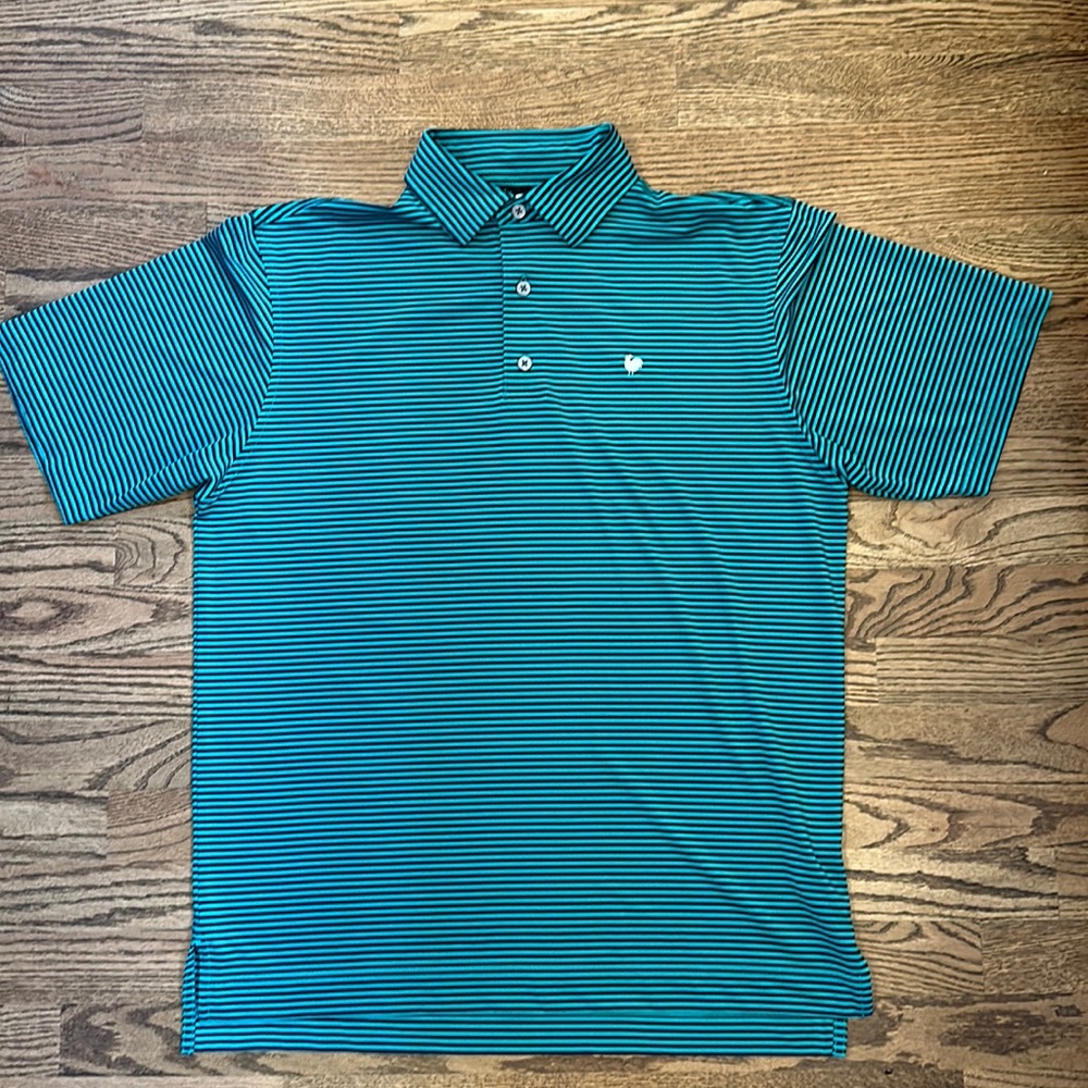 Men’s Footjoy poly/spandex blend polo. Kelly green & black stripe. SZ M